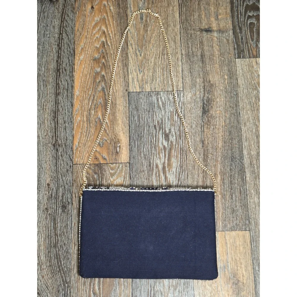 Navy Blue Beaded Sequin Envelope Clutch Bag Gold Chain Crossbody Evening Purse